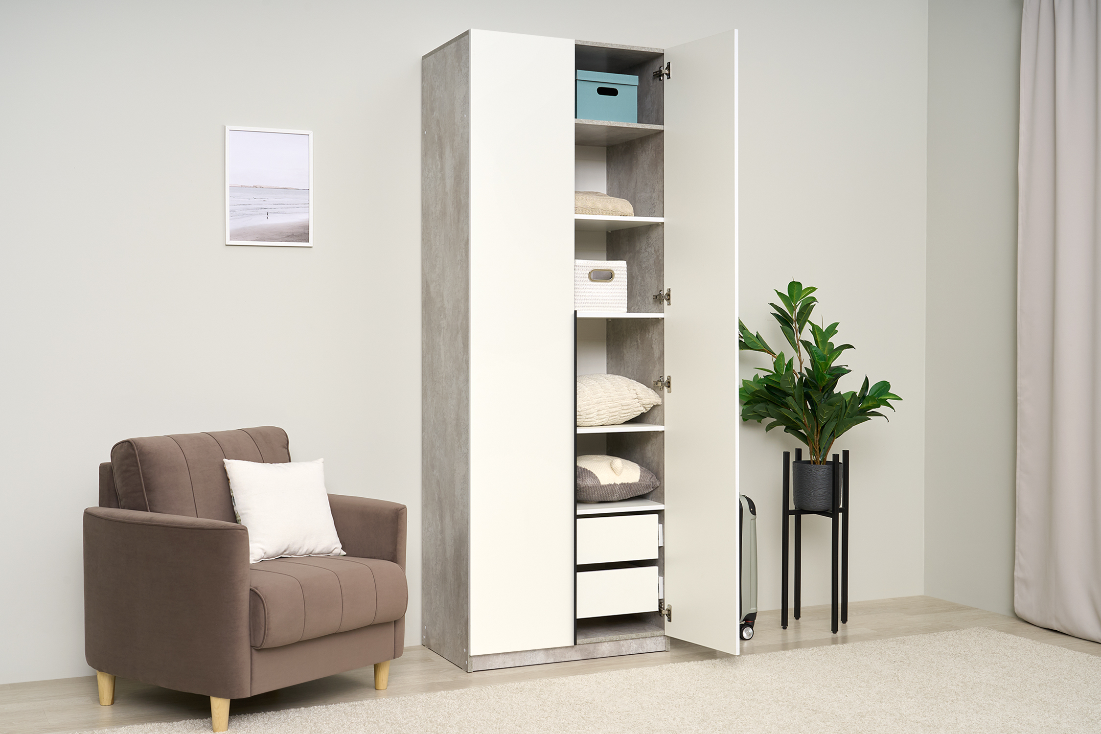 Шкаф 2-х створчатый Тивина цемент светлый / белый шагрень