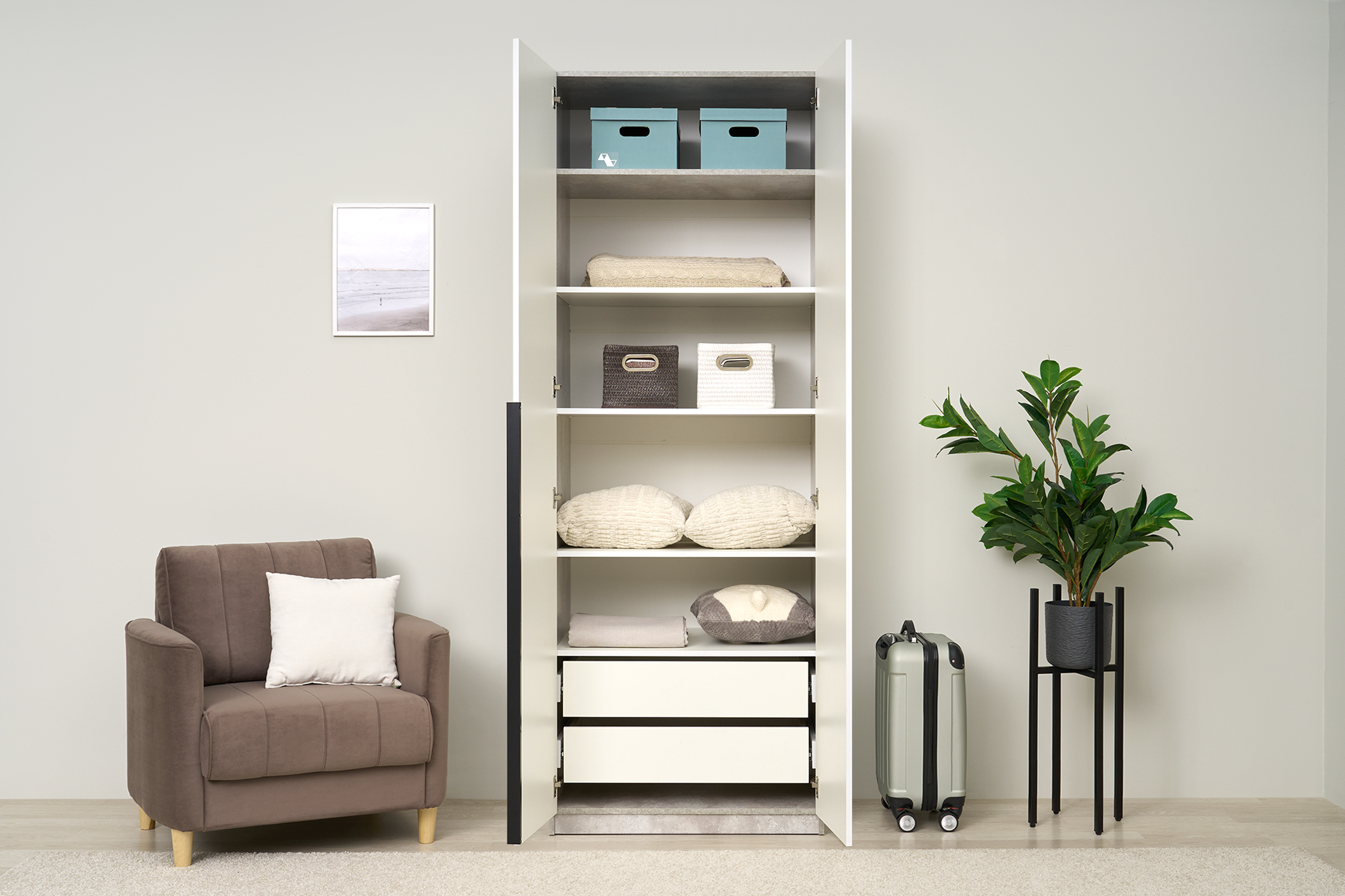 Шкаф 2-х створчатый Тивина цемент светлый / белый шагрень