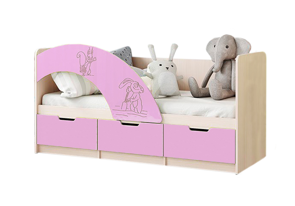 Кровать Юниор-3 Маша и Медведь розовый металлик / дуб беленый