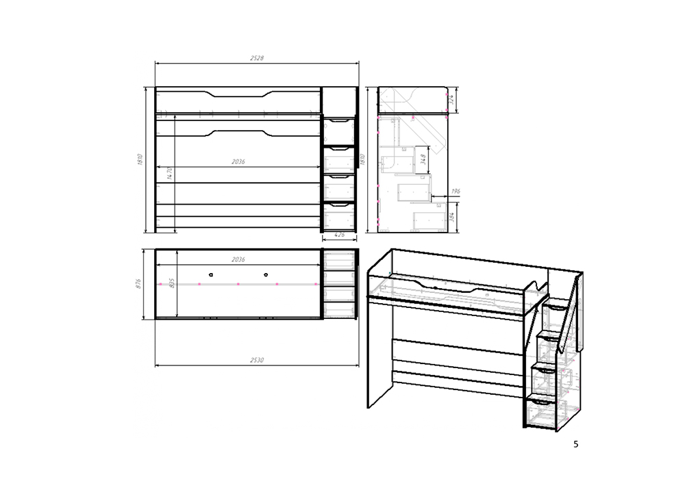 Кровать-чердак Rich дуб крафт золотой / мята / сумеречный голубой