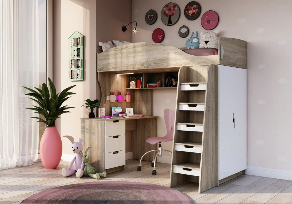 Кровать-чердак Сэнди дуб сонома светлый / белый глянец