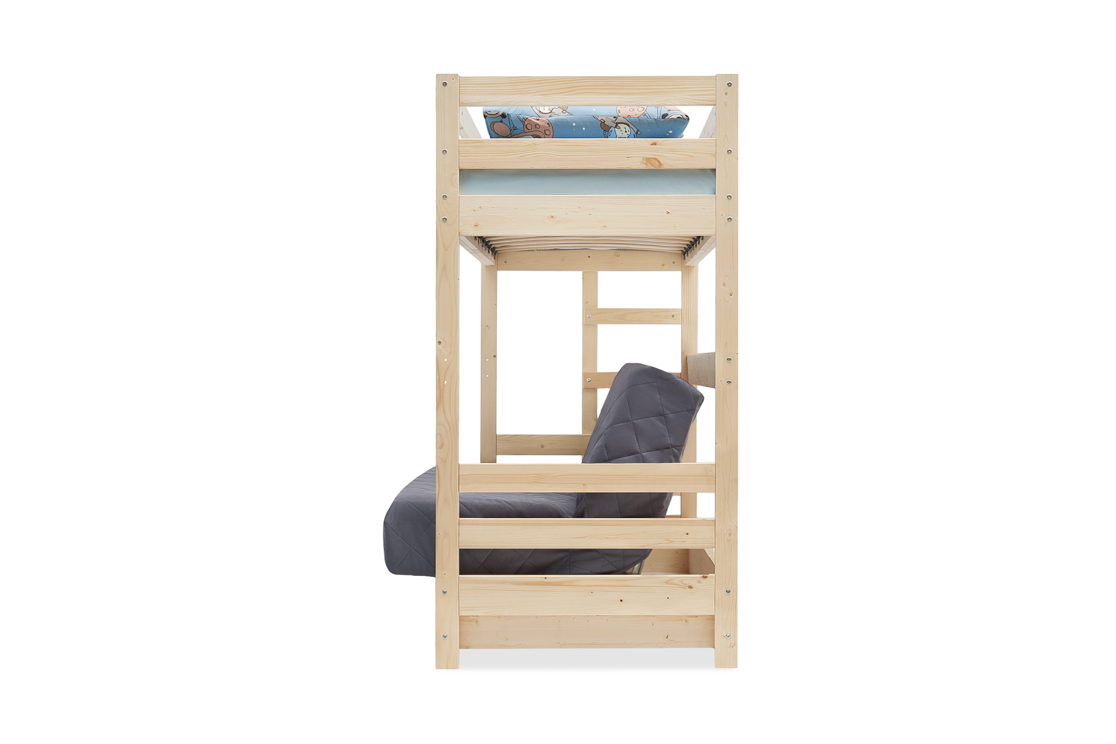 Двухъярусная кровать массив с диван-кроватью велюр серый / натуральный