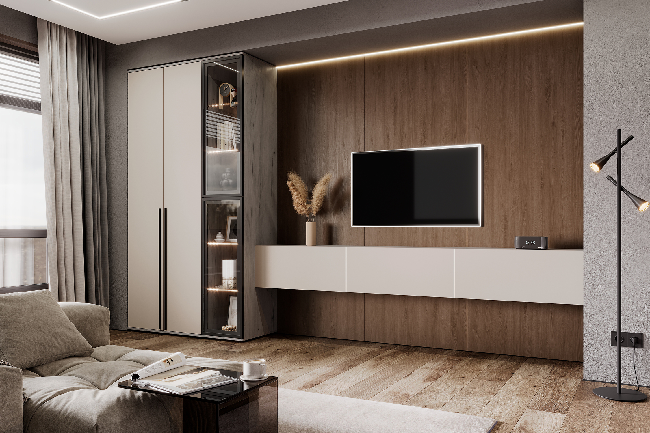 Пенал со стеклом Норд дуб крафт серый