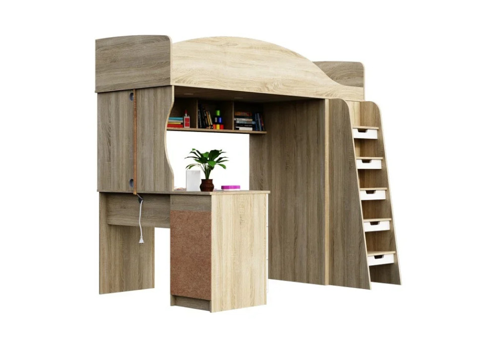 Кровать-чердак Сэнди дуб сонома светлый / белый глянец