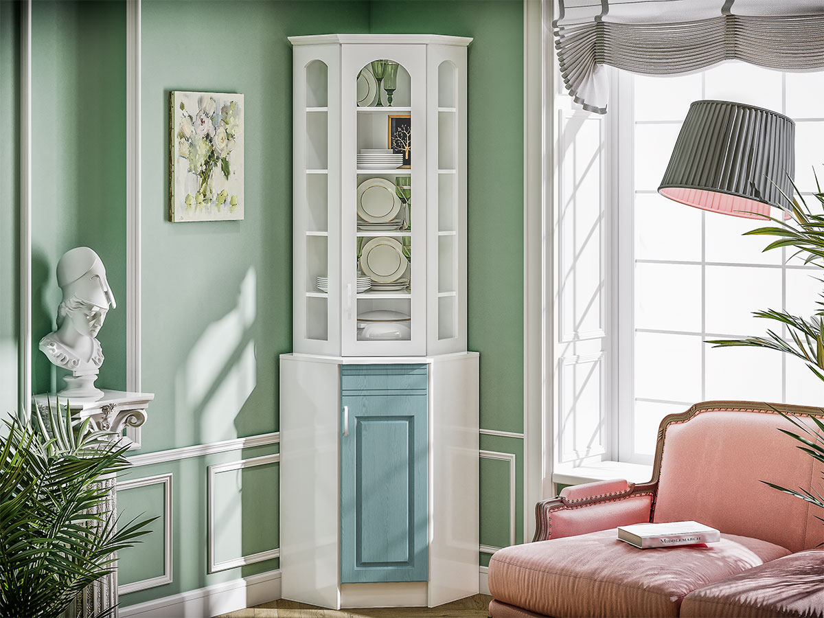 Буфет Констанция угловой белый матовый / голубой