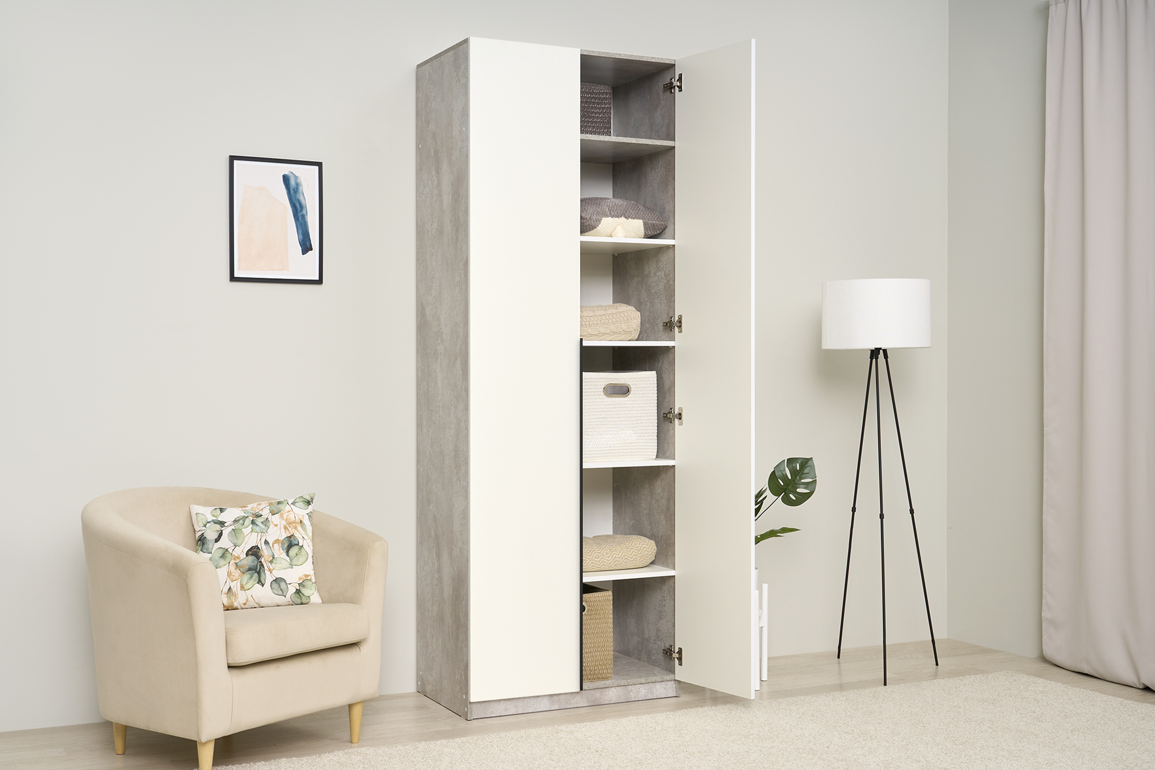 Шкаф 2-х створчатый Тивина цемент светлый / белый шагрень