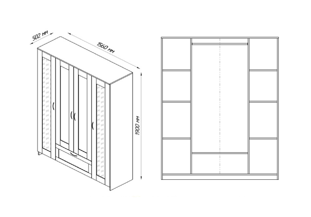 Шкаф четырехстворчатый Сириус венге с одним ящиком и двумя зеркалами