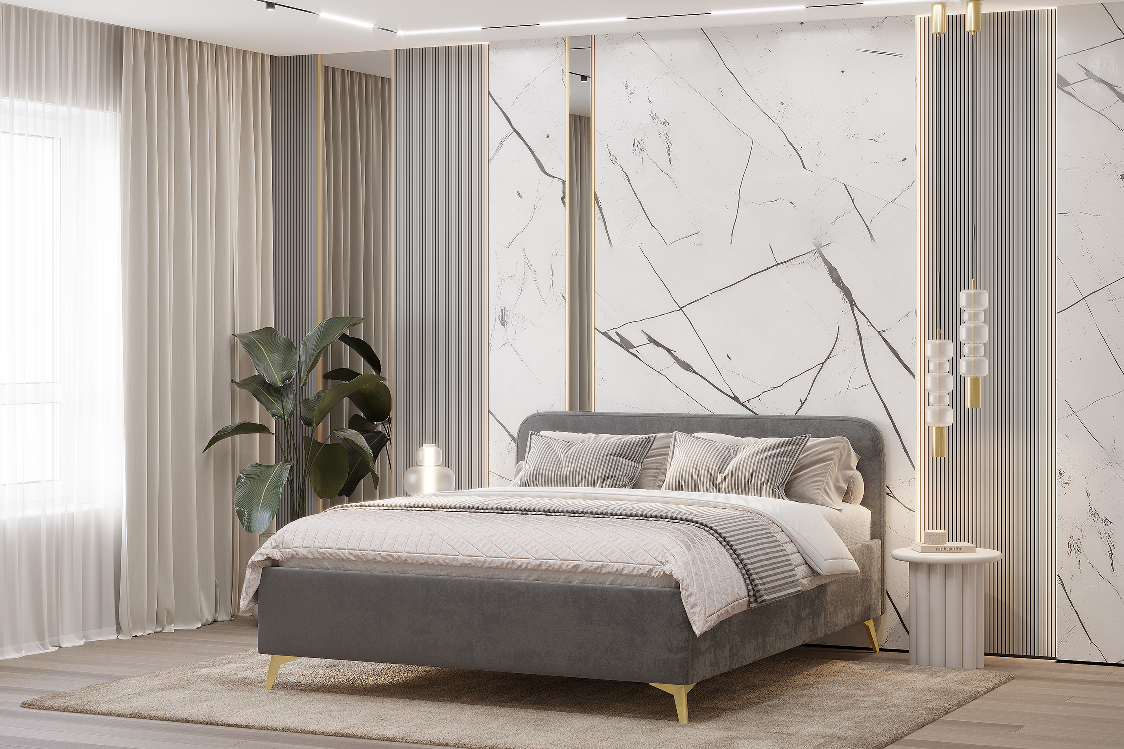 Кровать двуспальная с высокими ножками Лофт серая