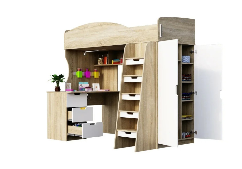 Кровать-чердак Сэнди дуб сонома светлый / белый глянец