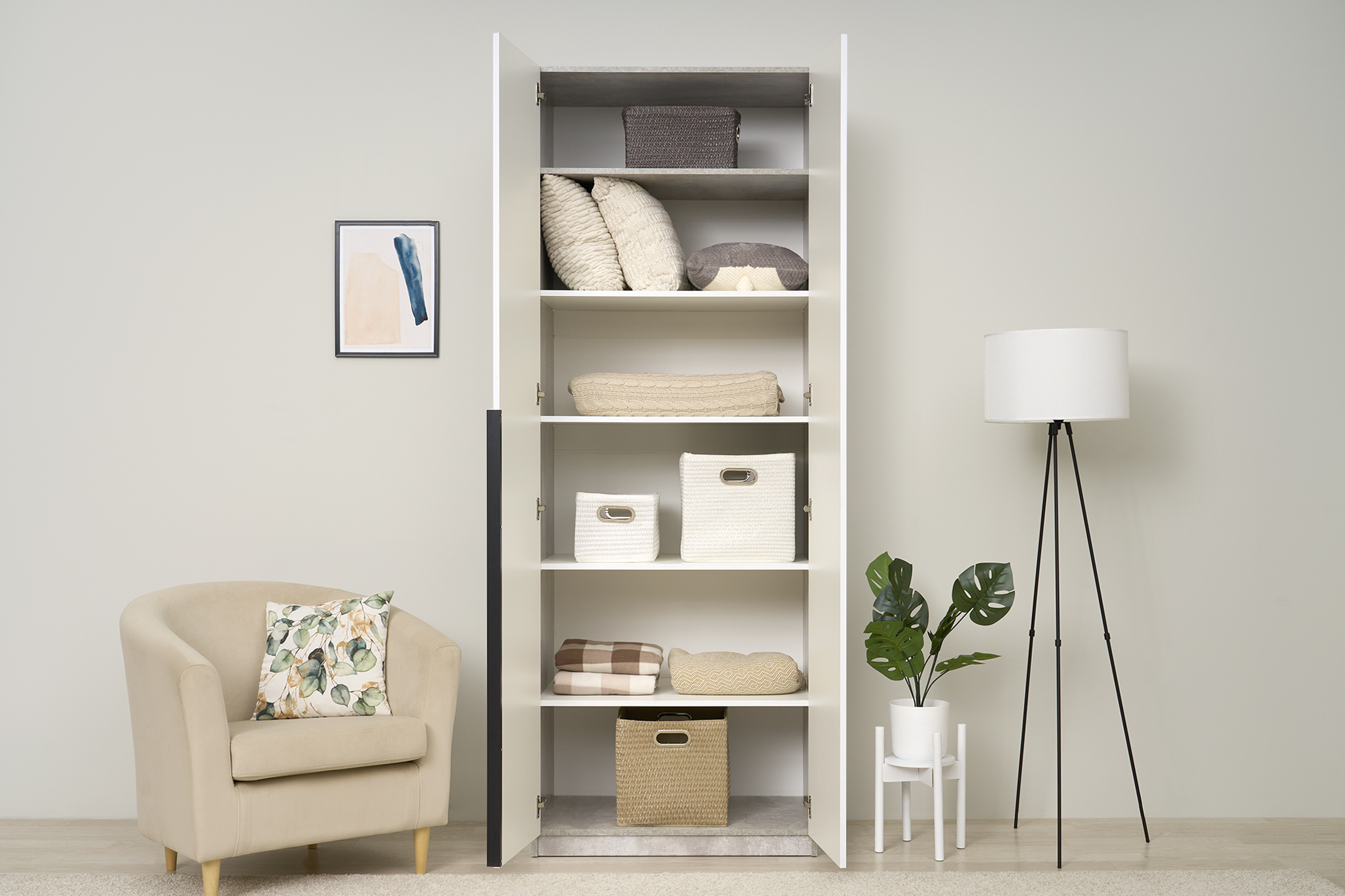 Шкаф 2-х створчатый Тивина цемент светлый / белый шагрень