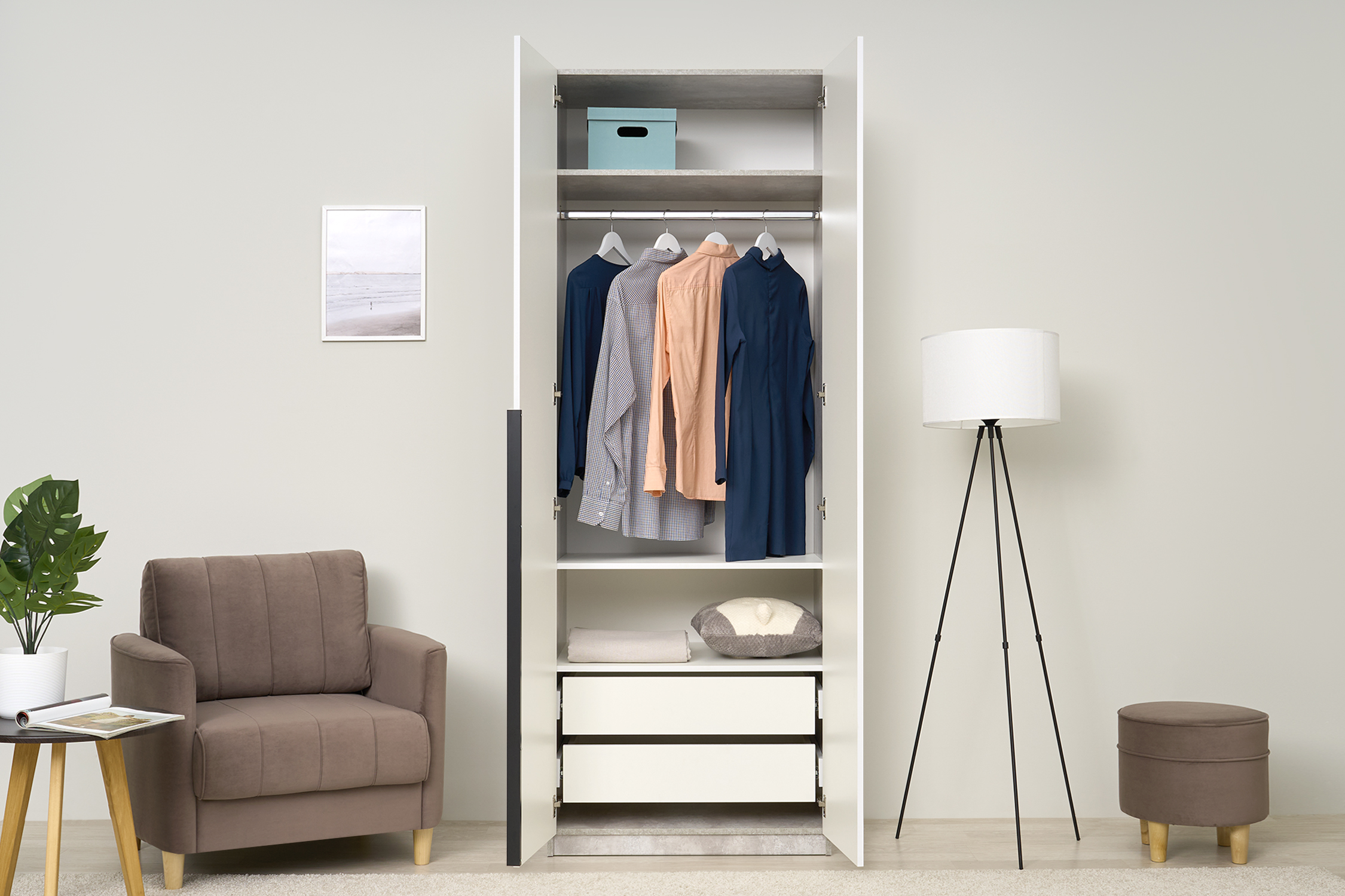 Шкаф 2-х створчатый Тивина цемент светлый / белый шагрень