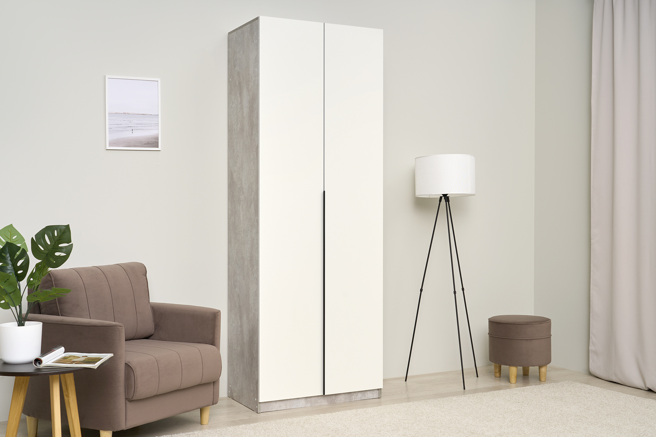 Шкаф 2-х створчатый Тивина цемент светлый / белый шагрень