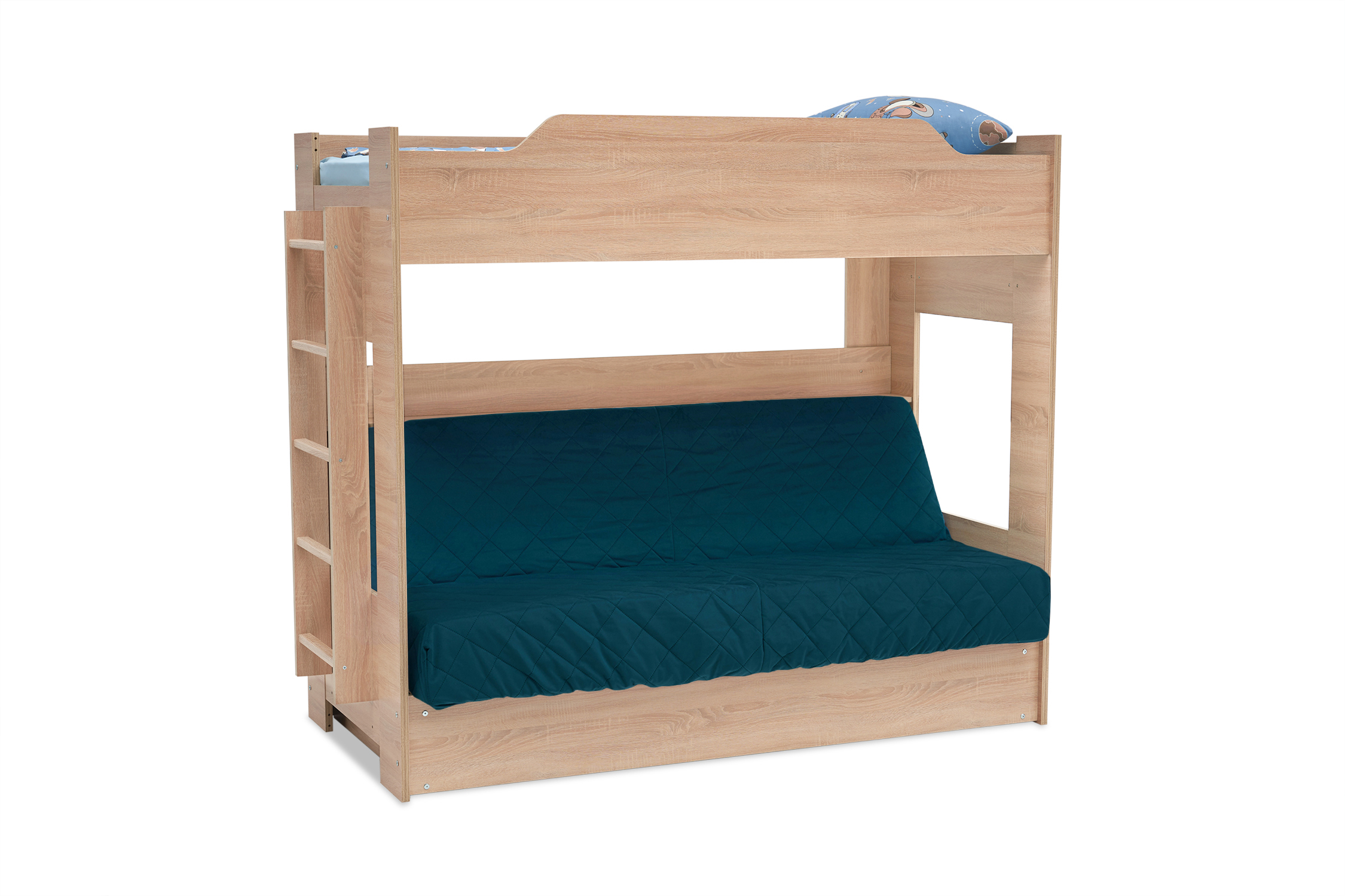Двухъярусная кровать с диван-кроватью велюр синий / дуб сонома