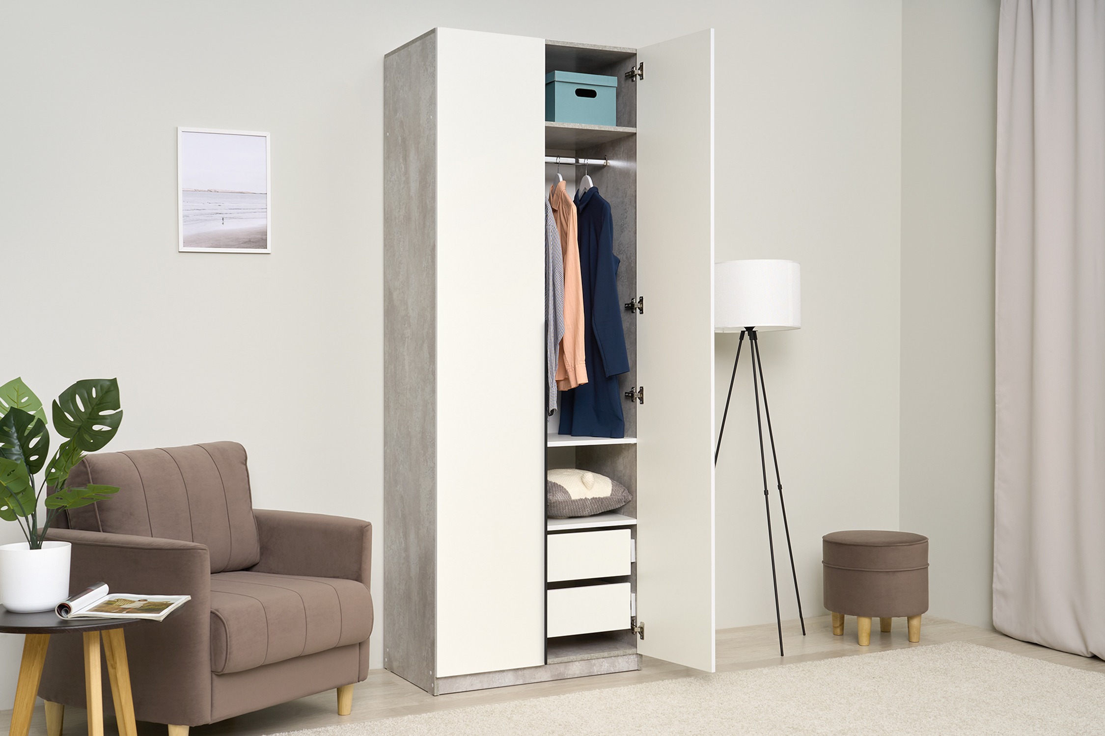 Шкаф 2-х створчатый Тивина цемент светлый / белый шагрень