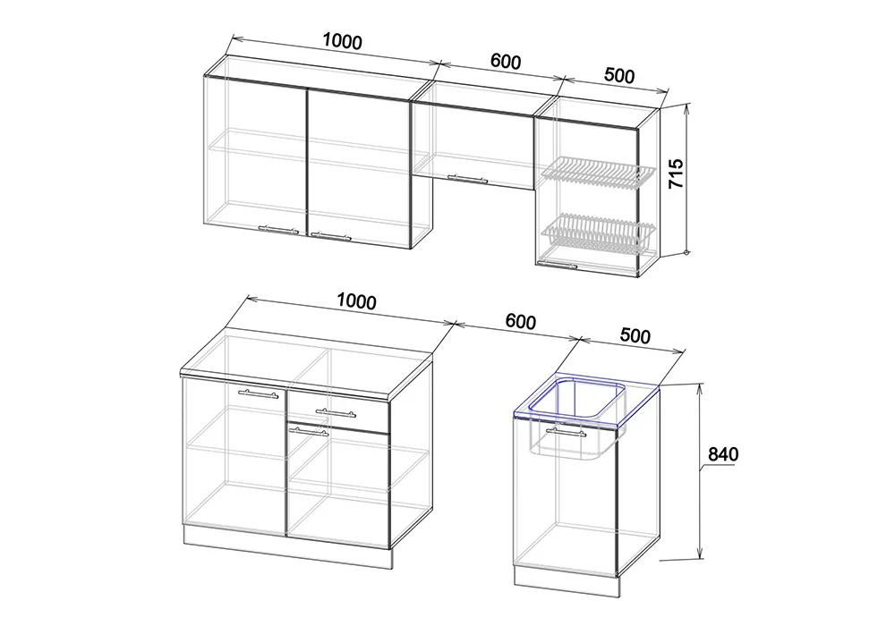 Глубина нижних кухонных шкафов для столешницы 600