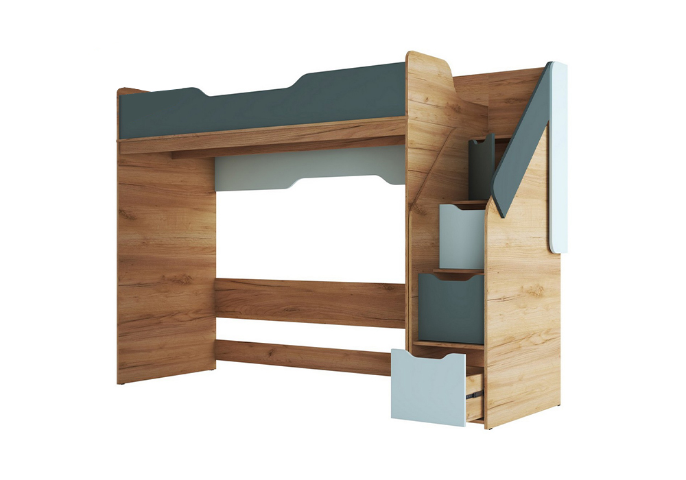 Кровать-чердак Rich дуб крафт золотой / мята / сумеречный голубой