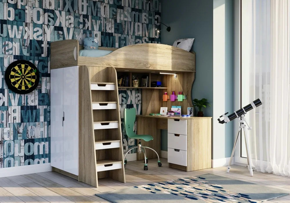 Кровать-чердак Сэнди дуб сонома светлый / белый глянец