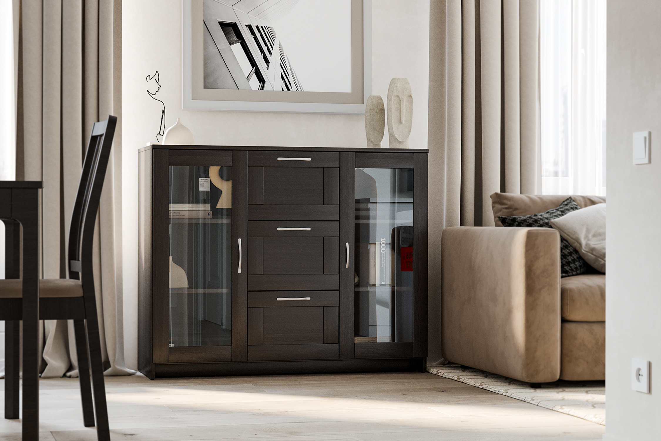 Комод с дверцами Сириус со стеклом и 3 ящиками дуб венге