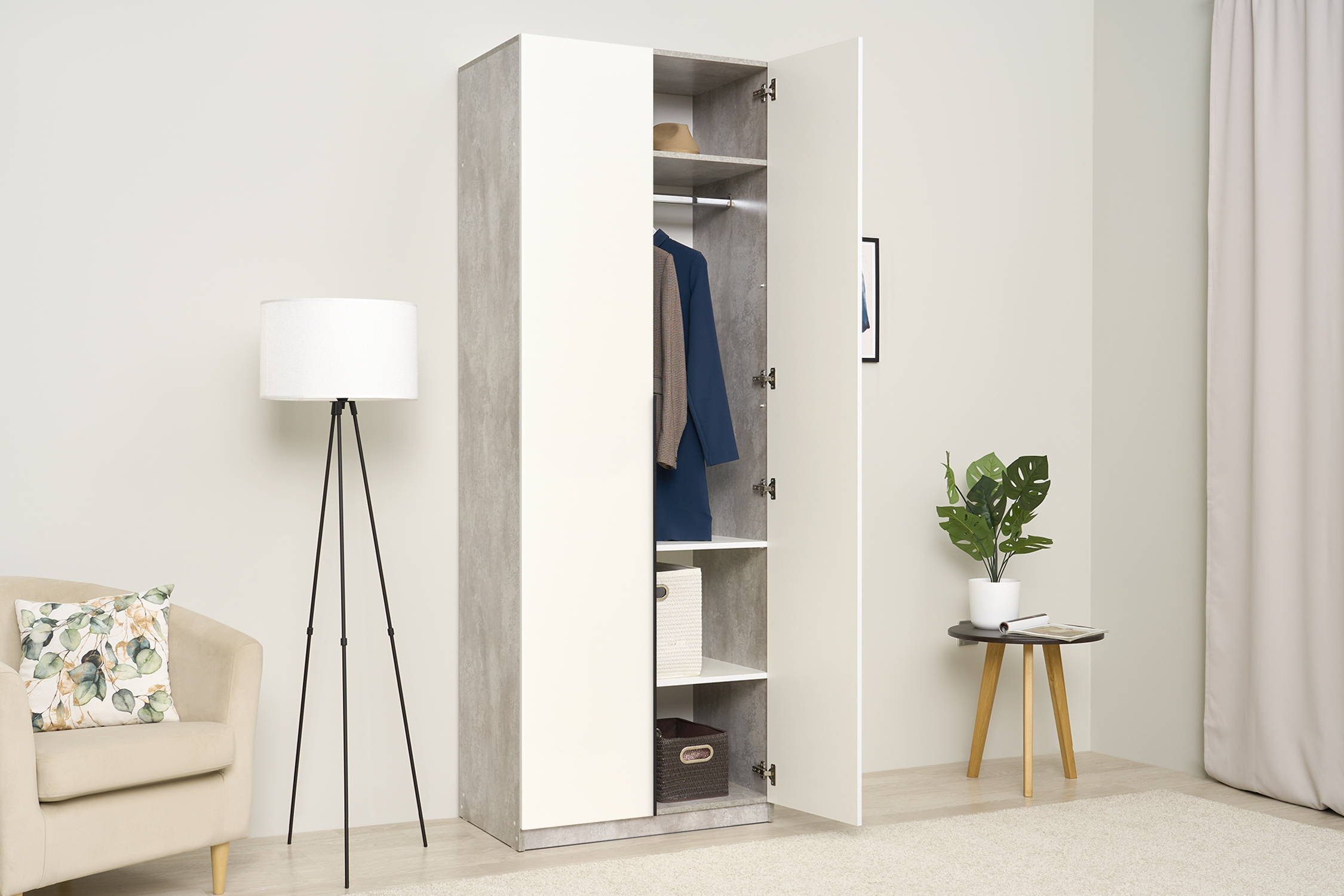 Шкаф 2-х створчатый Тивина цемент светлый / белый шагрень