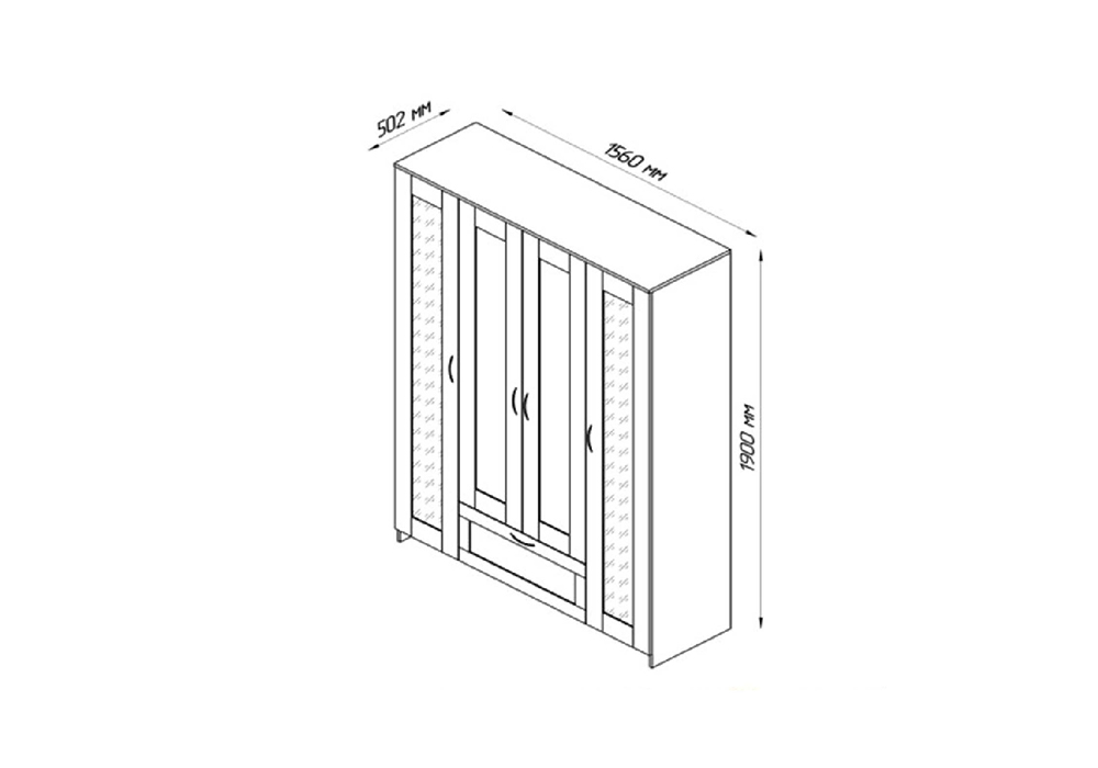 Шкаф четырехстворчатый Сириус дуб сонома с одним ящиком и двумя зеркалами