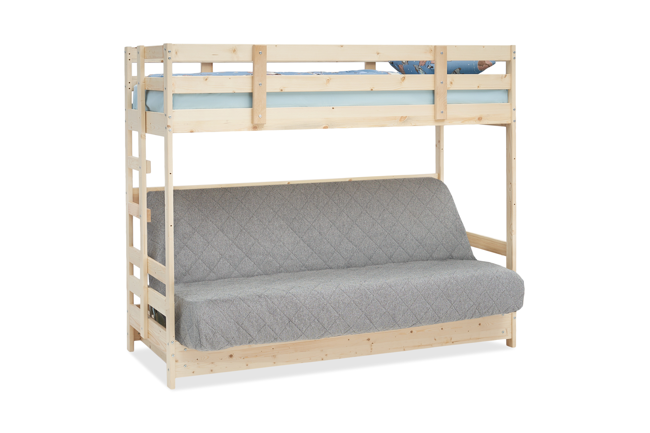 Двухъярусная кровать массив с диван-кроватью светло-серый / натуральный