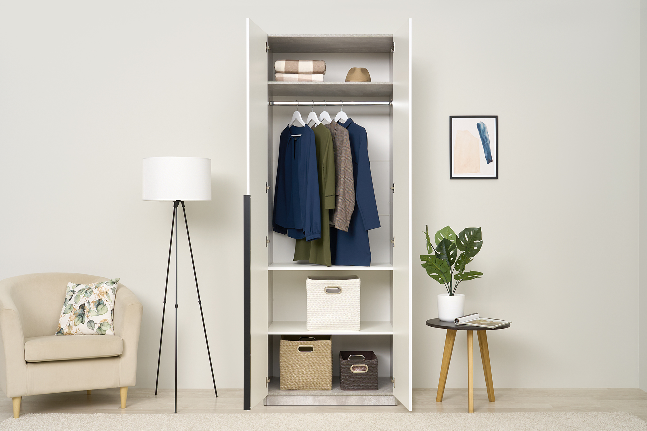 Шкаф 2-х створчатый Тивина цемент светлый / белый шагрень