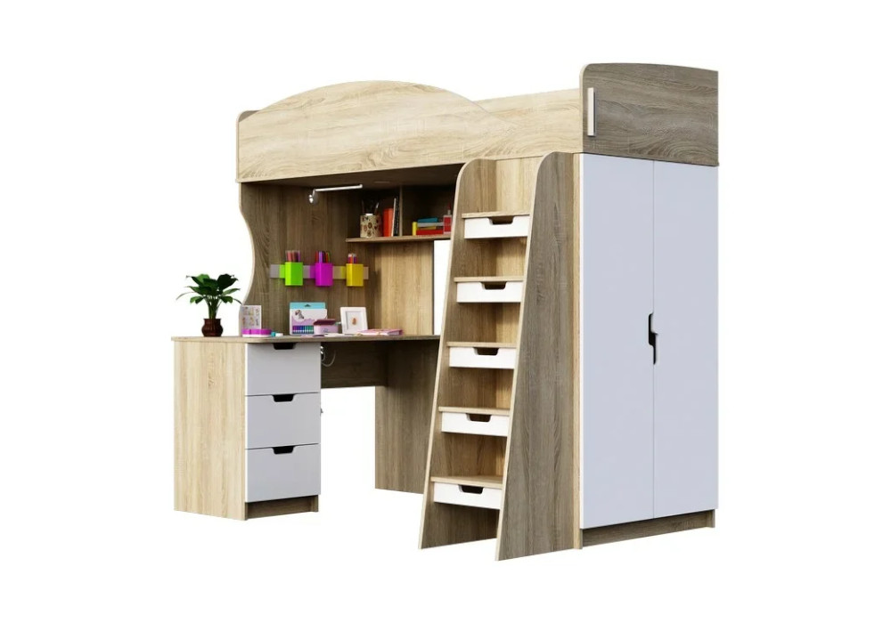 Кровать-чердак Сэнди дуб сонома светлый / белый глянец