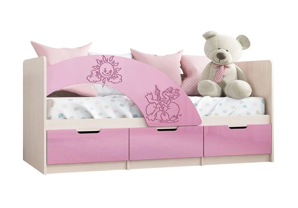 Кровать Юниор-3 Мульт розовый металл / дуб беленый