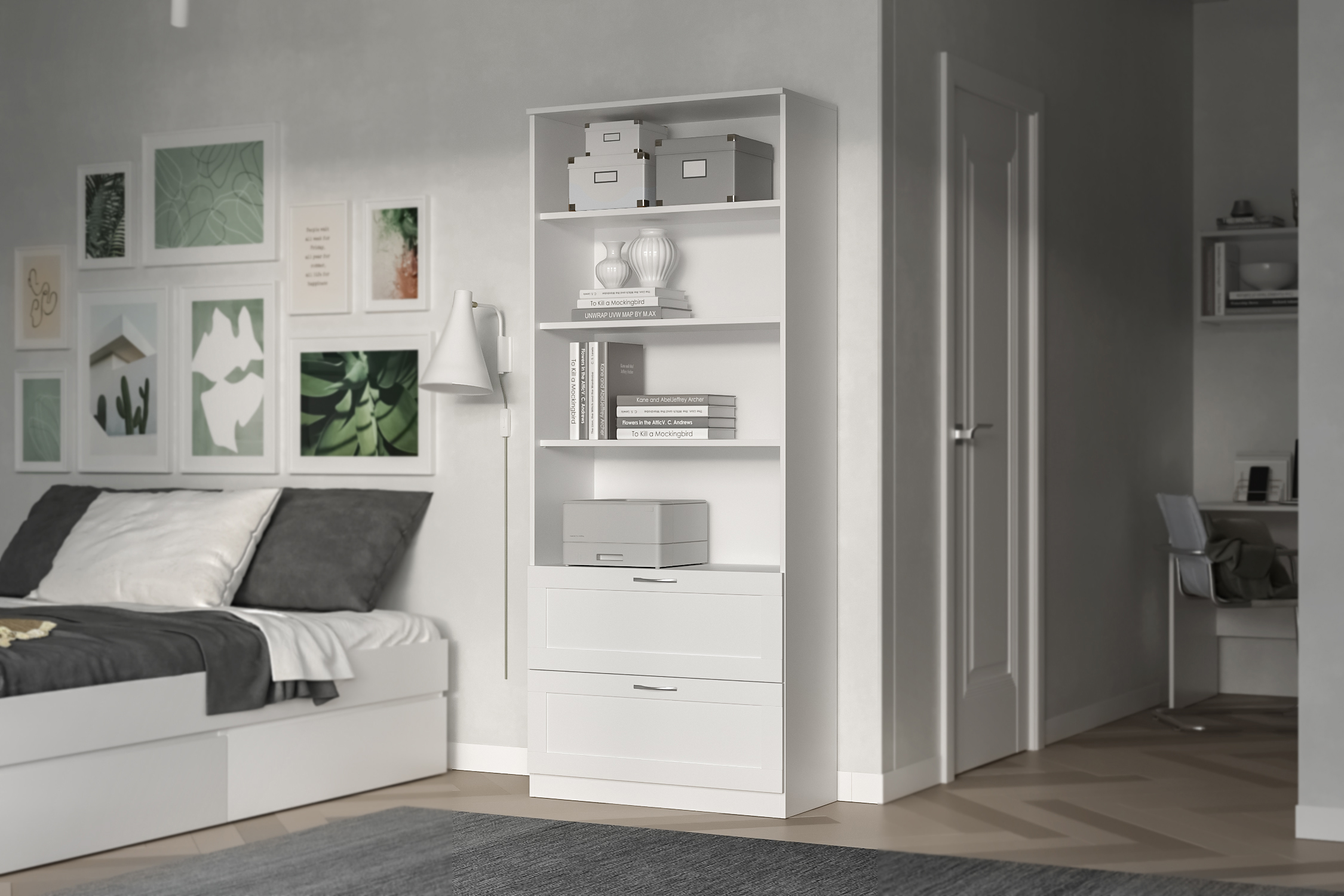 Стеллаж Сириус с двумя ящиками белый