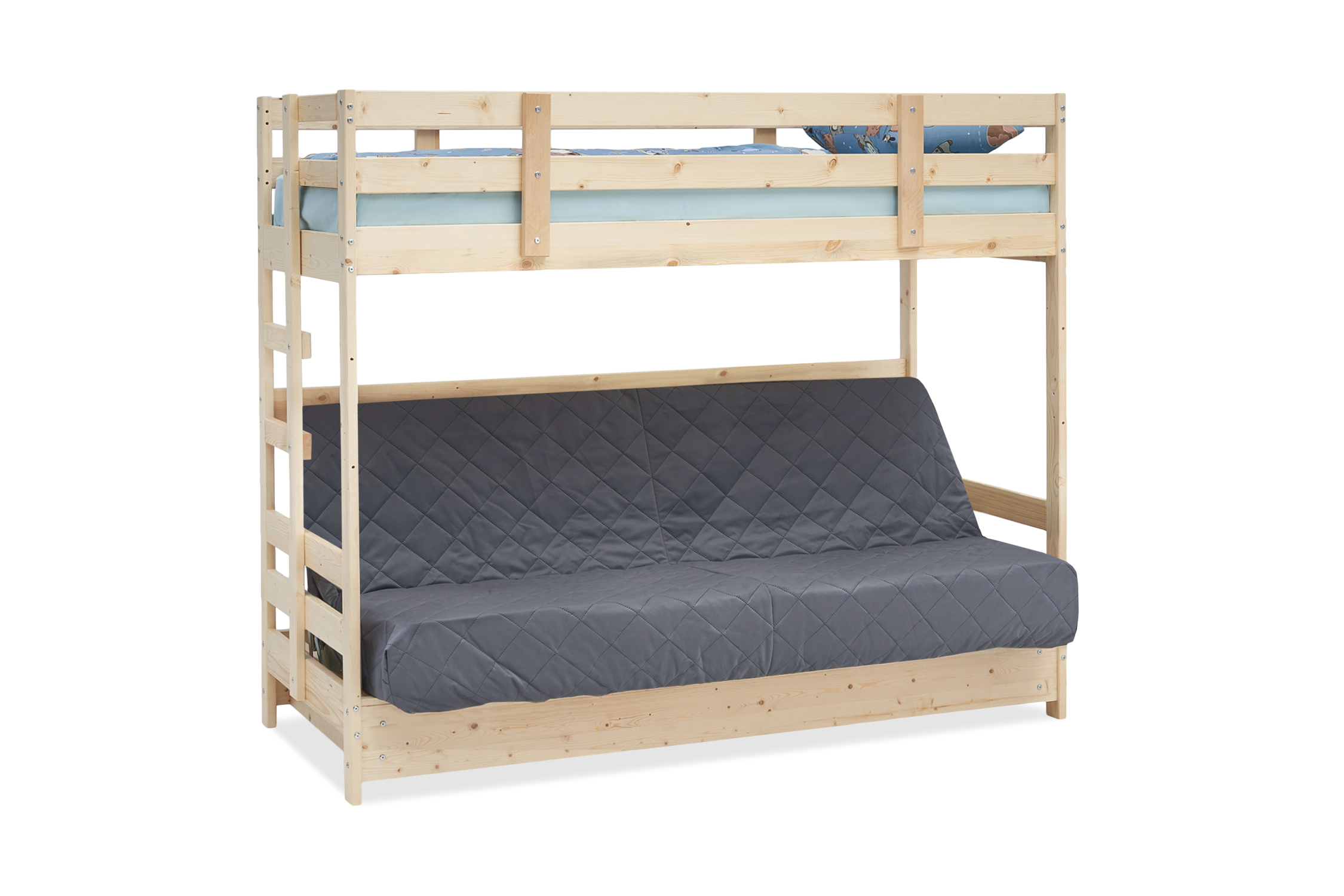 Двухъярусная кровать массив с диван-кроватью велюр серый / натуральный