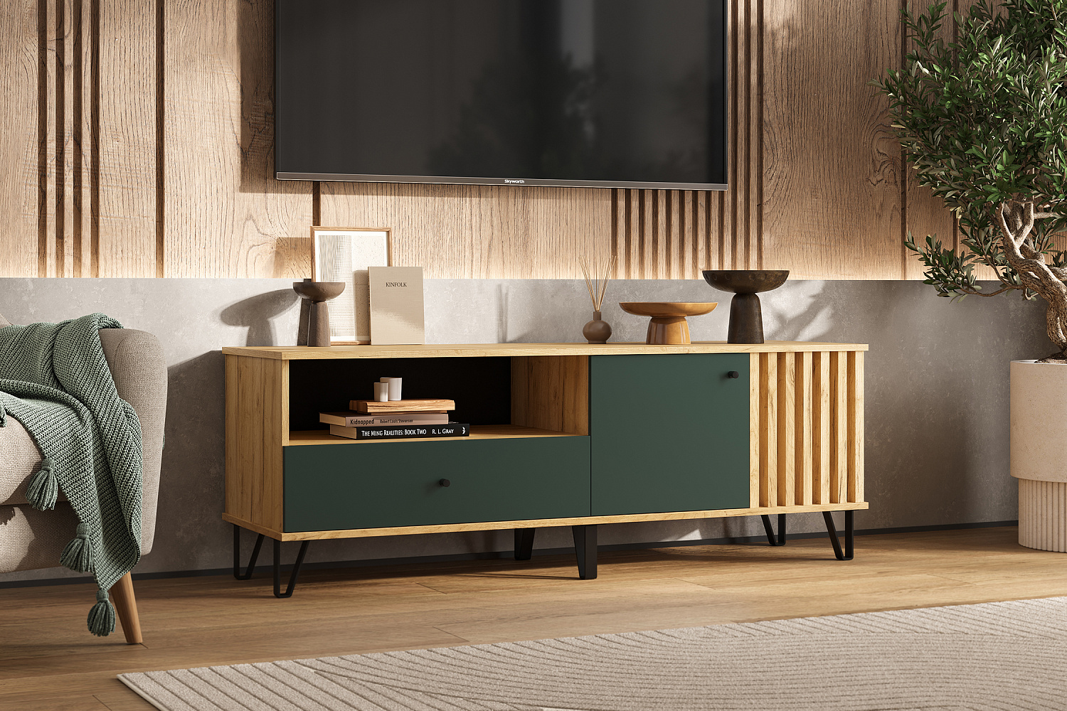 ТВ-тумба Теллин дуб крафт / изумрудный