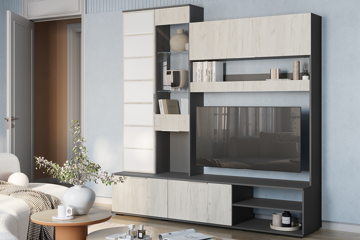 Гостиная Плаза графит / дуб крафт белый