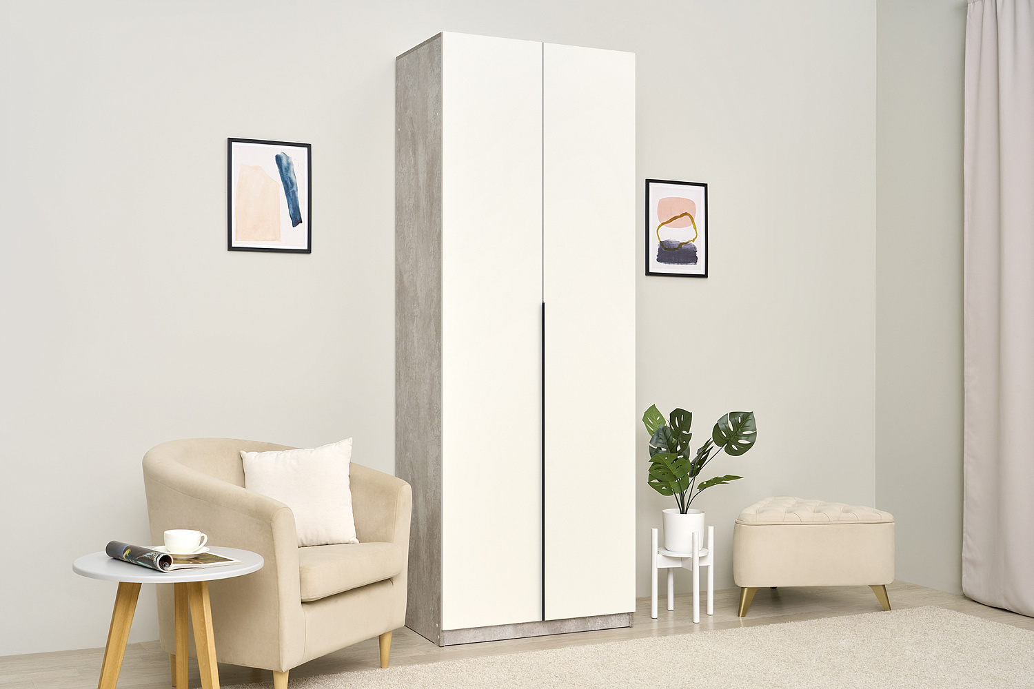 Шкаф 2-х створчатый Тивина цемент светлый / белый шагрень