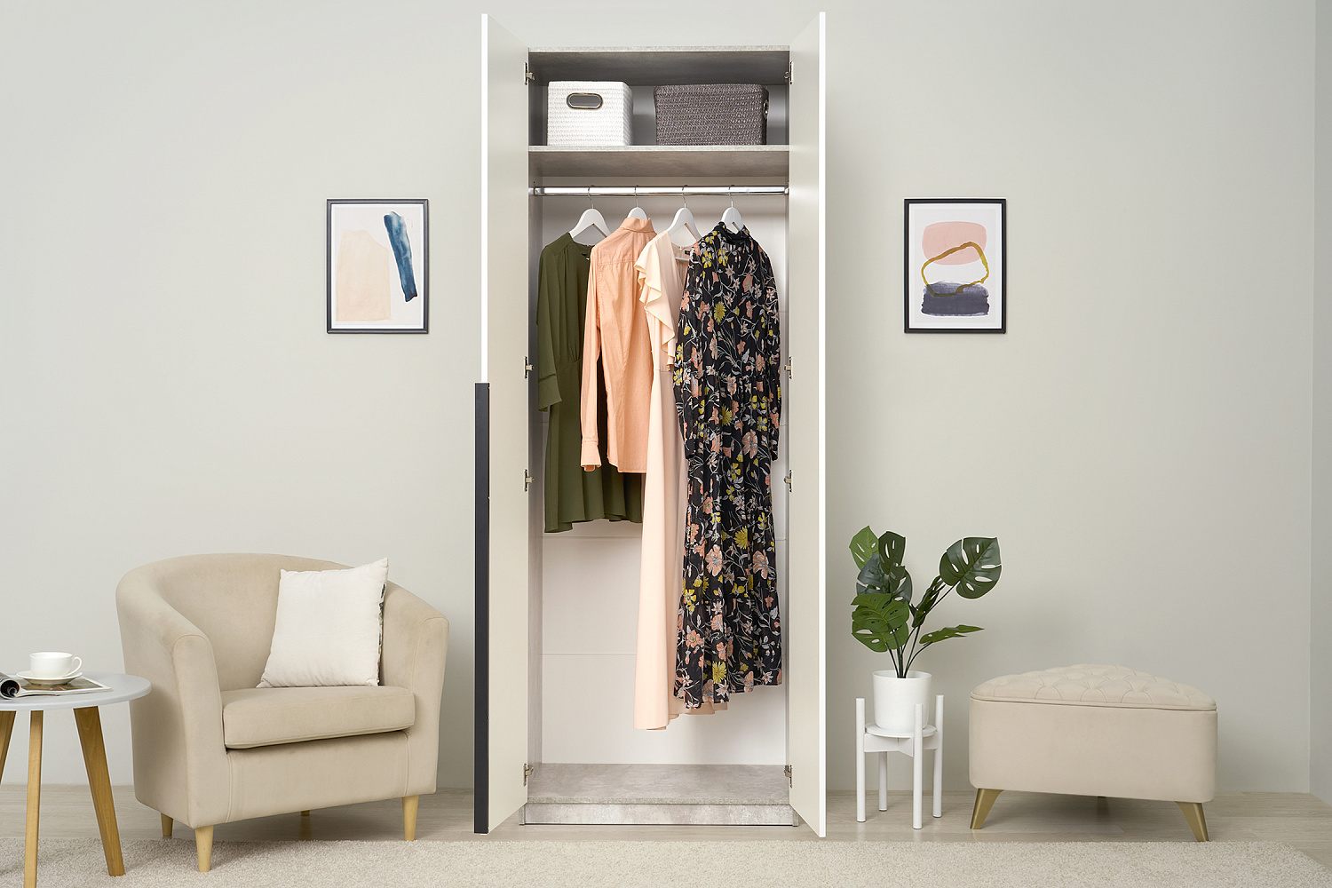 Шкаф 2-х створчатый Тивина цемент светлый / белый шагрень