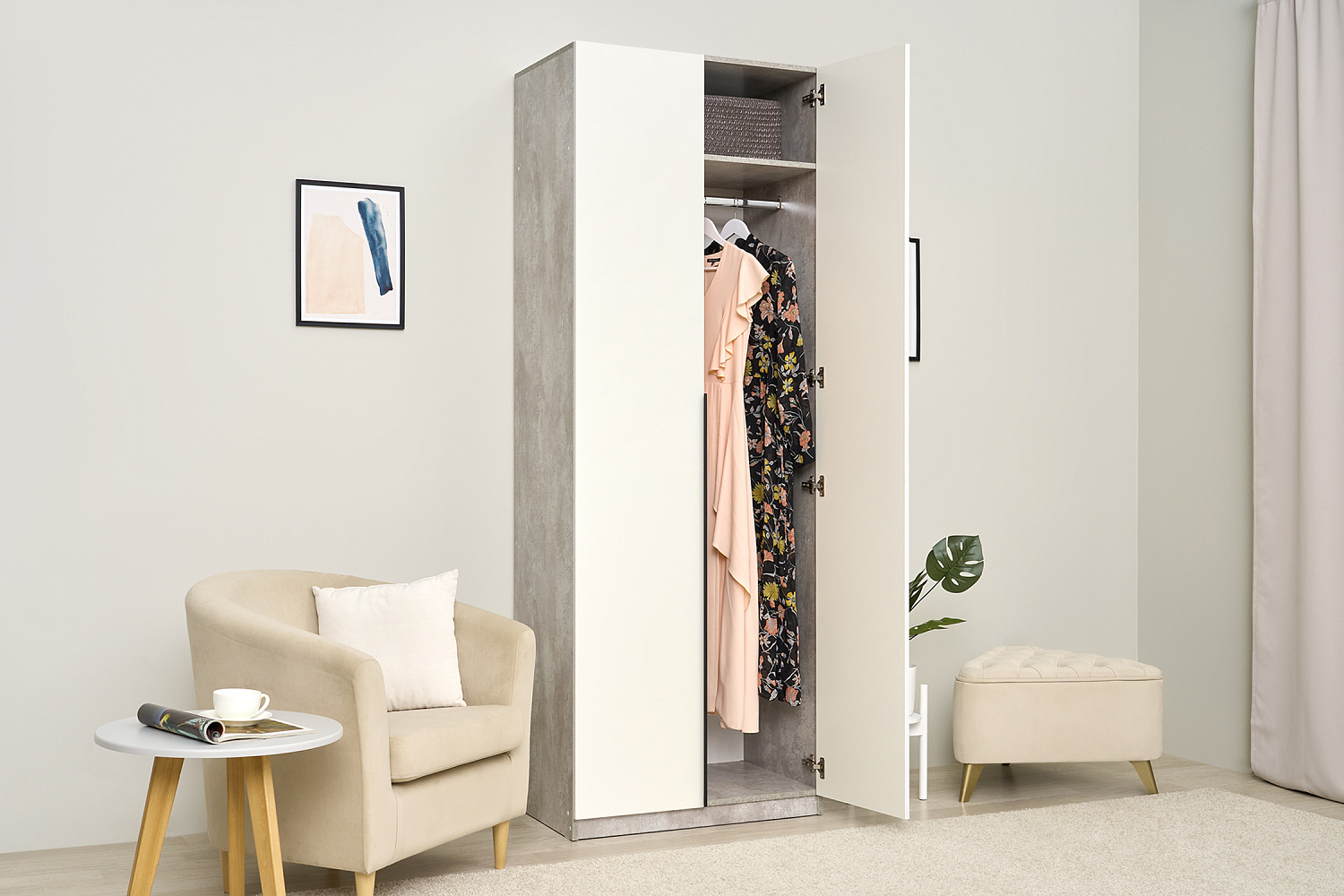 Шкаф 2-х створчатый Тивина цемент светлый / белый шагрень