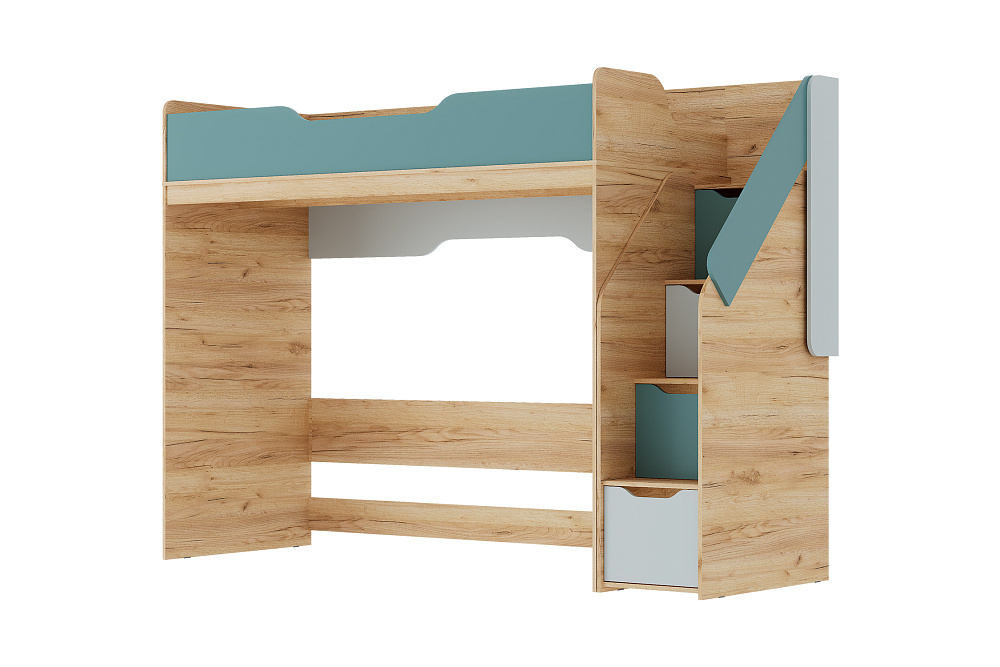 Кровать-чердак Rich дуб крафт золотой / пастельный зеленый / сумеречный голубой