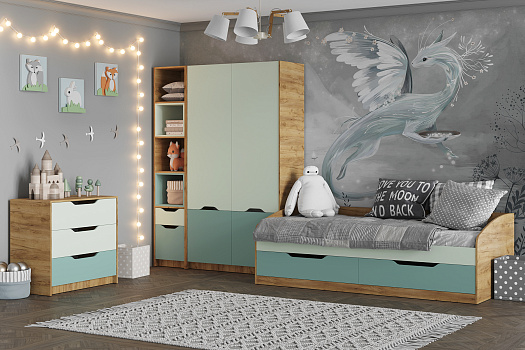 Модульная детская Rich дуб крафт золотой / пастельный зеленый / сумеречный голубой