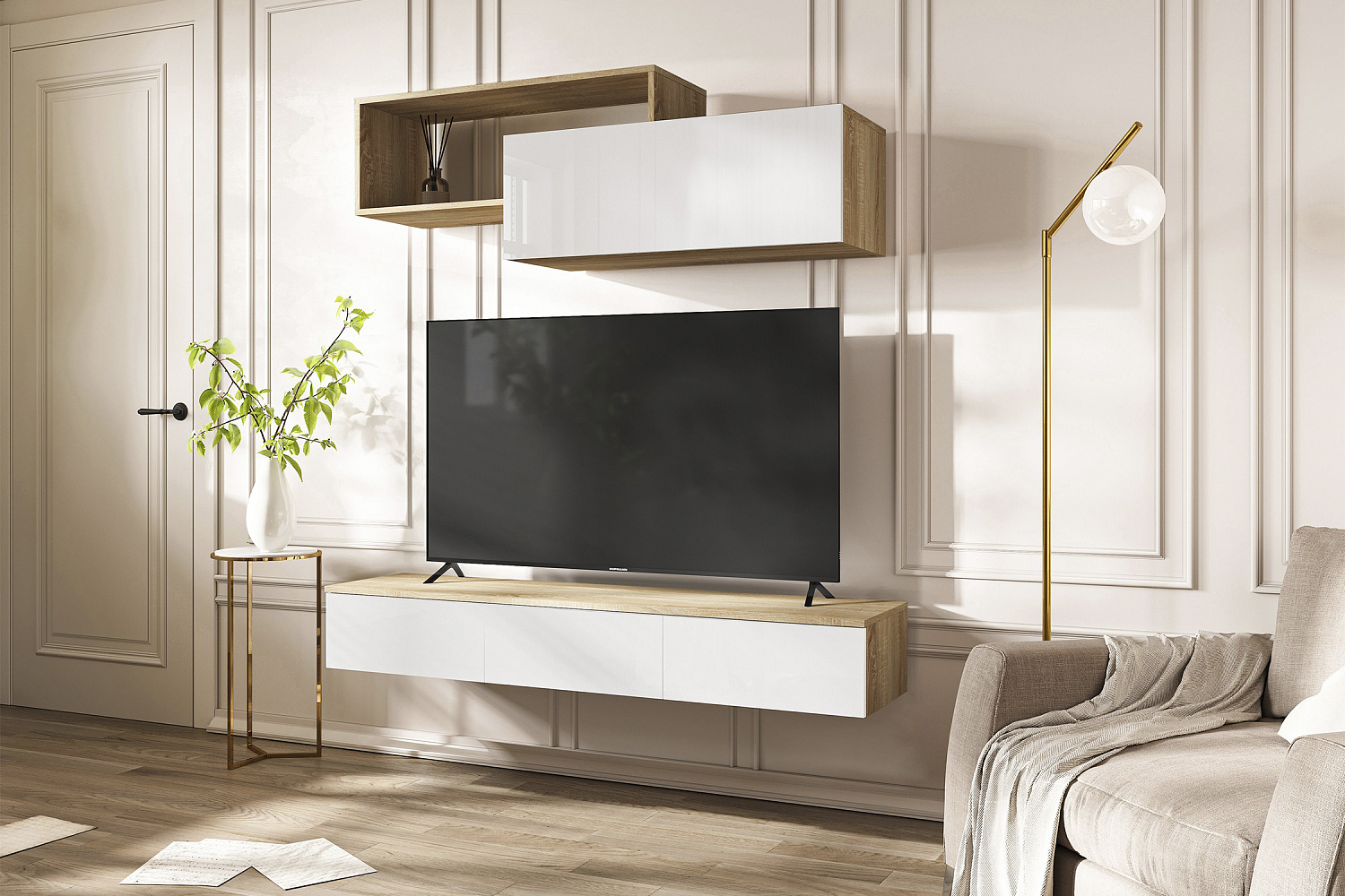 Полка навесная с ящиками Челси дуб сонома / белый глянец