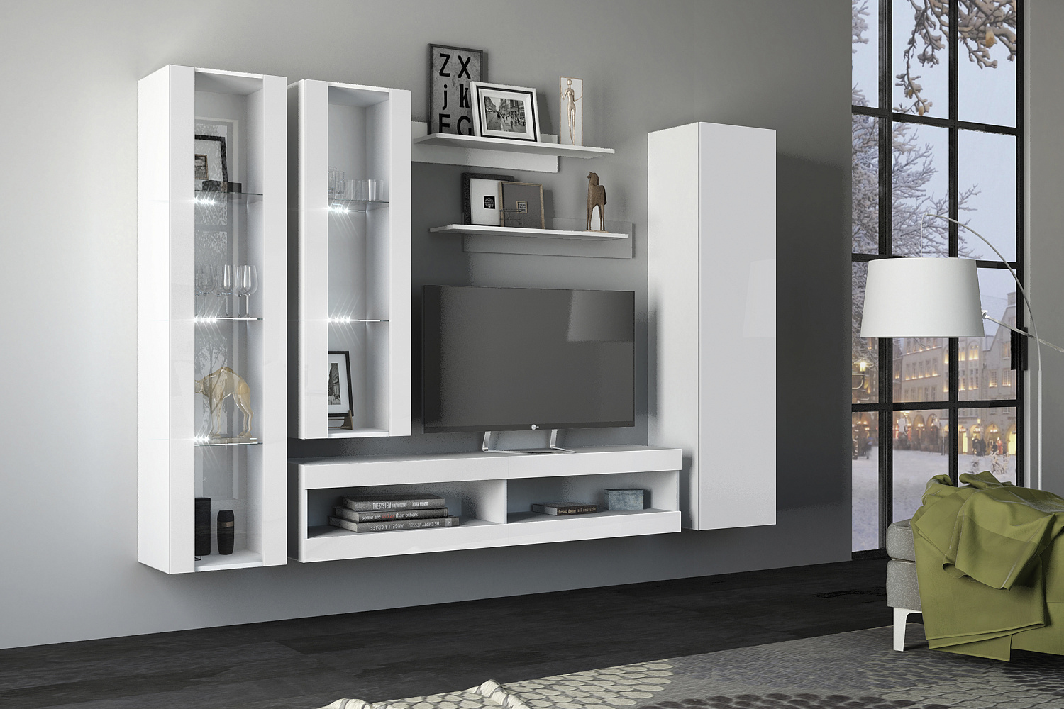 Модульная гостиная Флорис белый / белый глянец