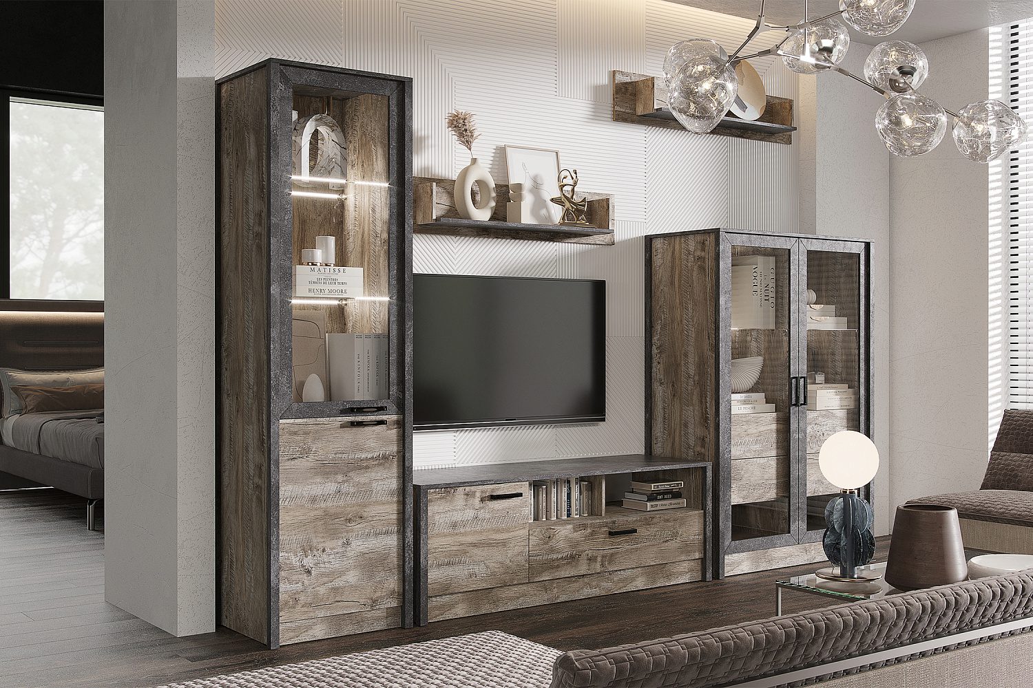 Шкаф-витрина Амели дуб юкон / бетон темный