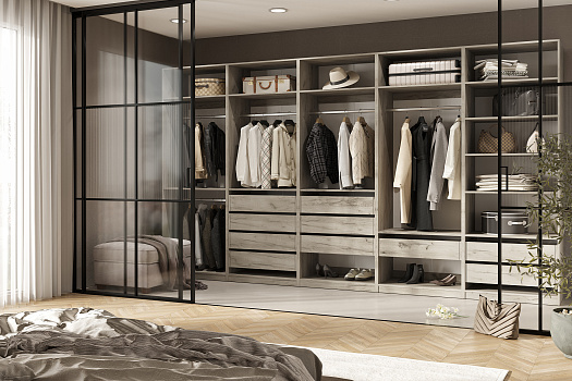 Модульная гардеробная Теларо открытая дуб крафт серый