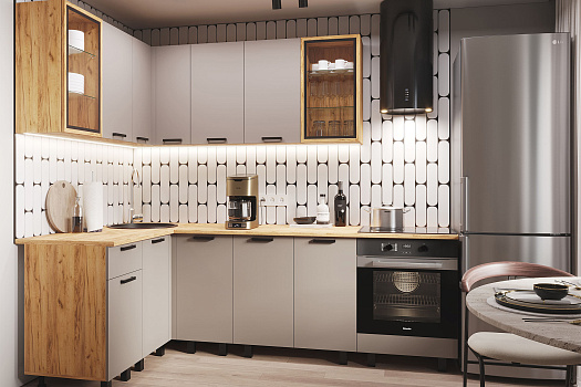 Кухня Техно 1.4 х 2.4 м компоновка №9 холст латте / дуб крафт