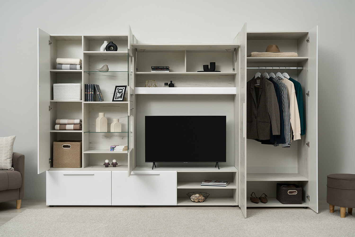 Стенка Сафари дуб крафт белый / матовый белый софт        