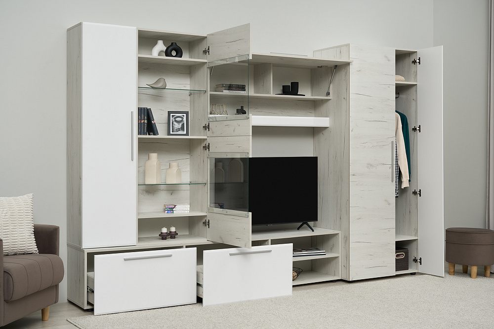 Стенка Сафари дуб крафт белый / матовый белый софт        