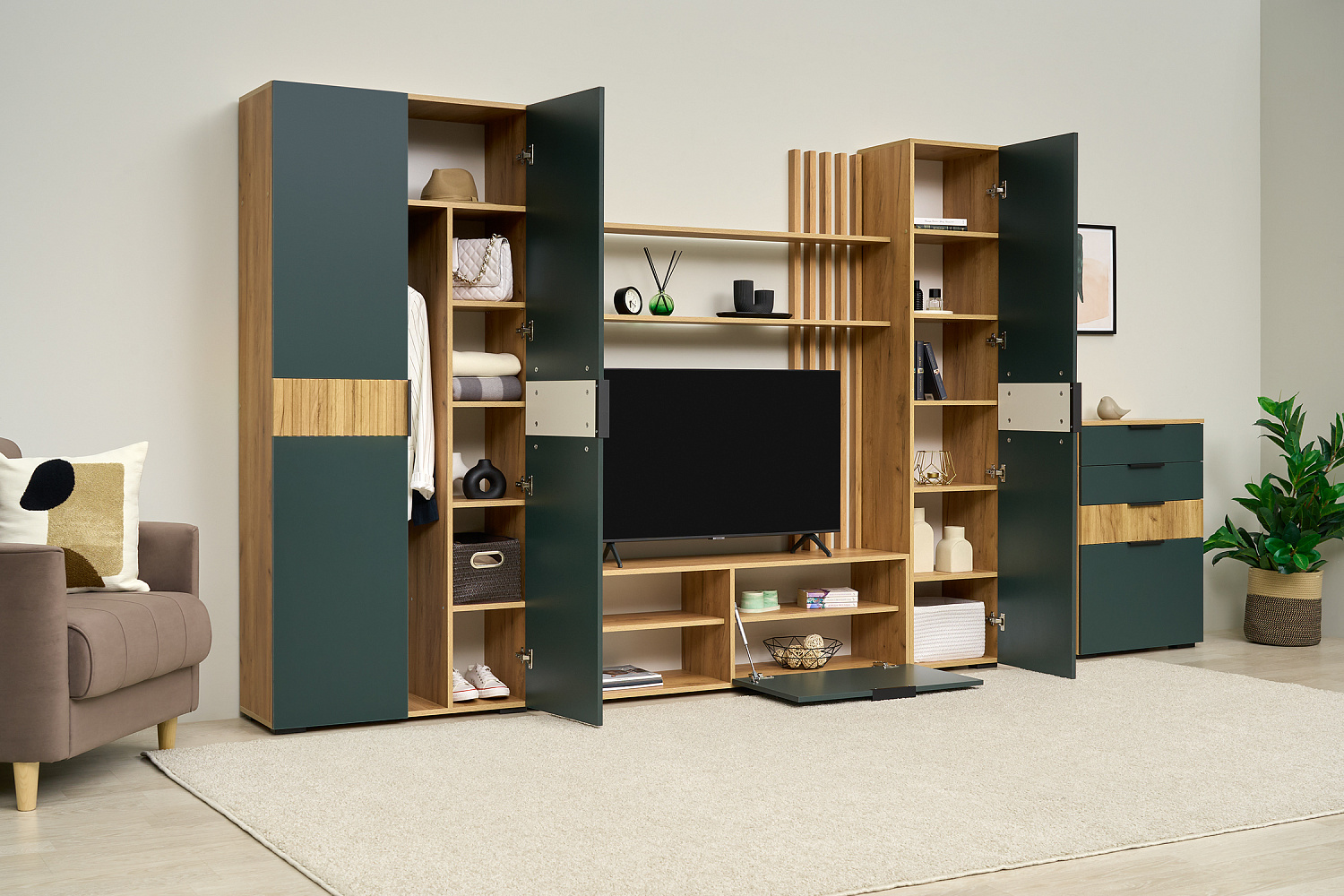 Модульная гостиная Теллин дуб крафт / изумрудный