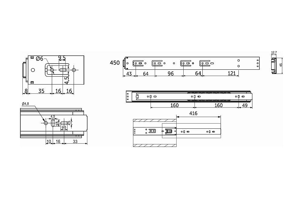 Направляющая шариковая PRIME L-450 Push to open А