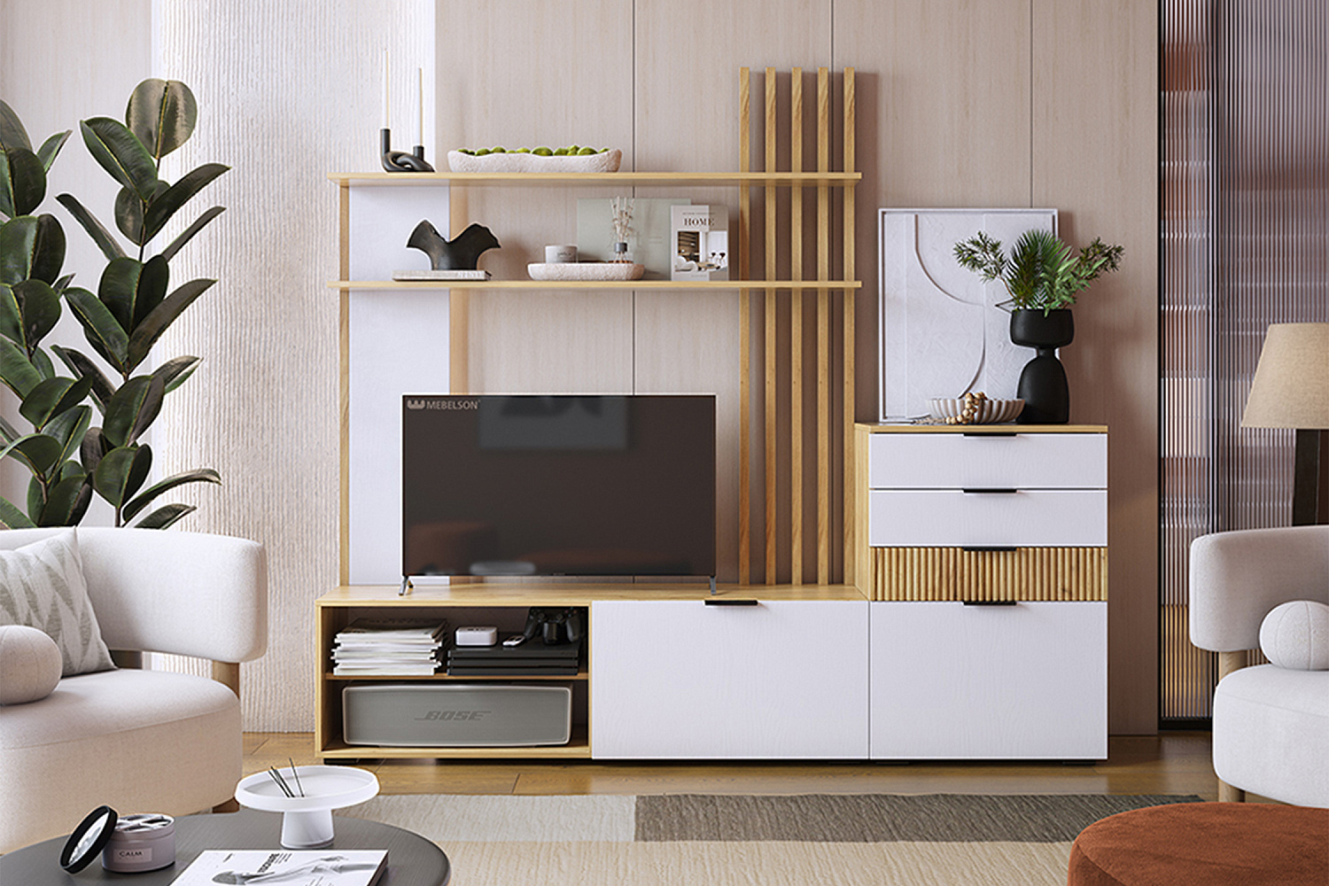 Модульная гостиная Бери дуб крафт золотой / белое дерево