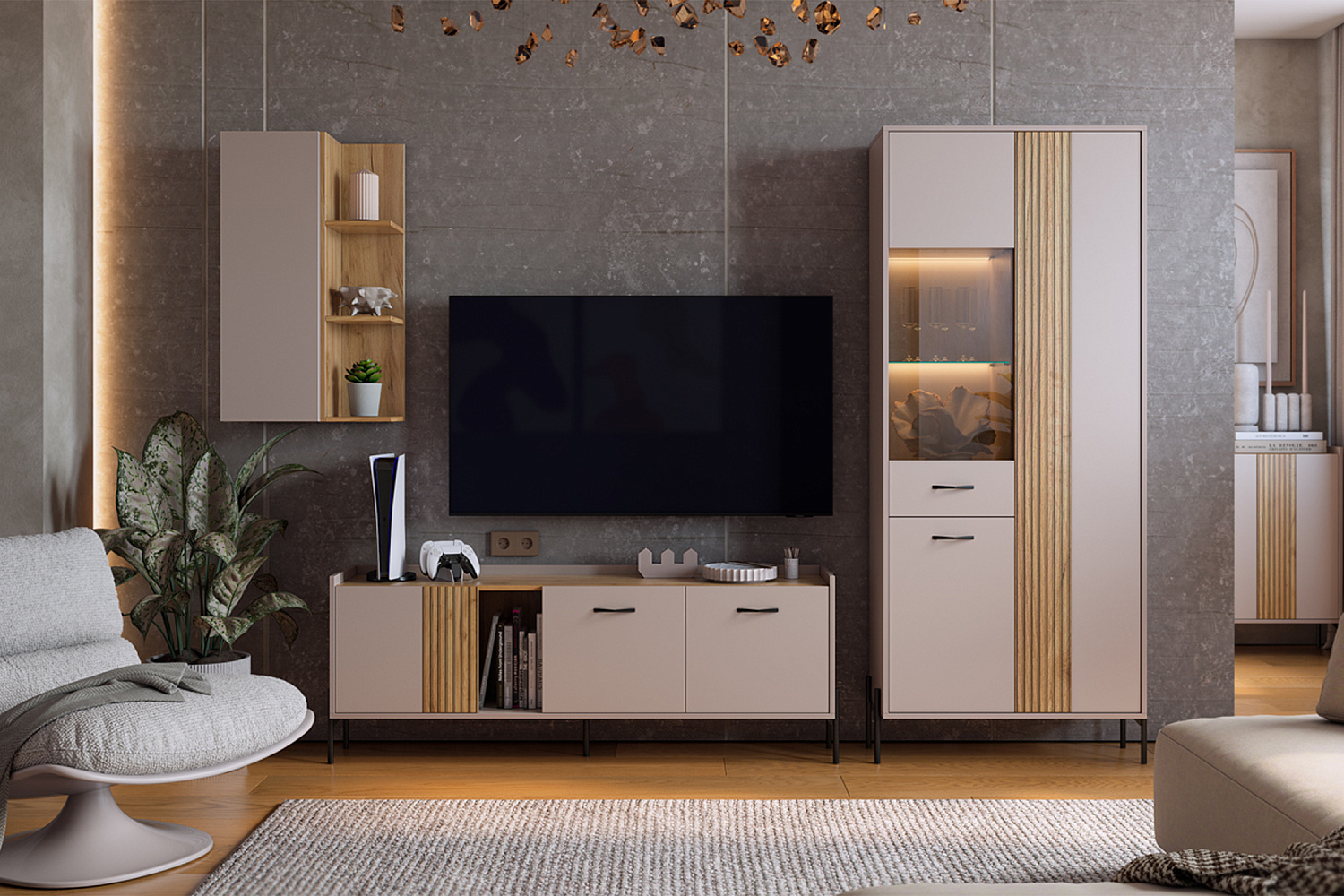 Модульная гостиная Доминика кашемир / дуб крафт золотой