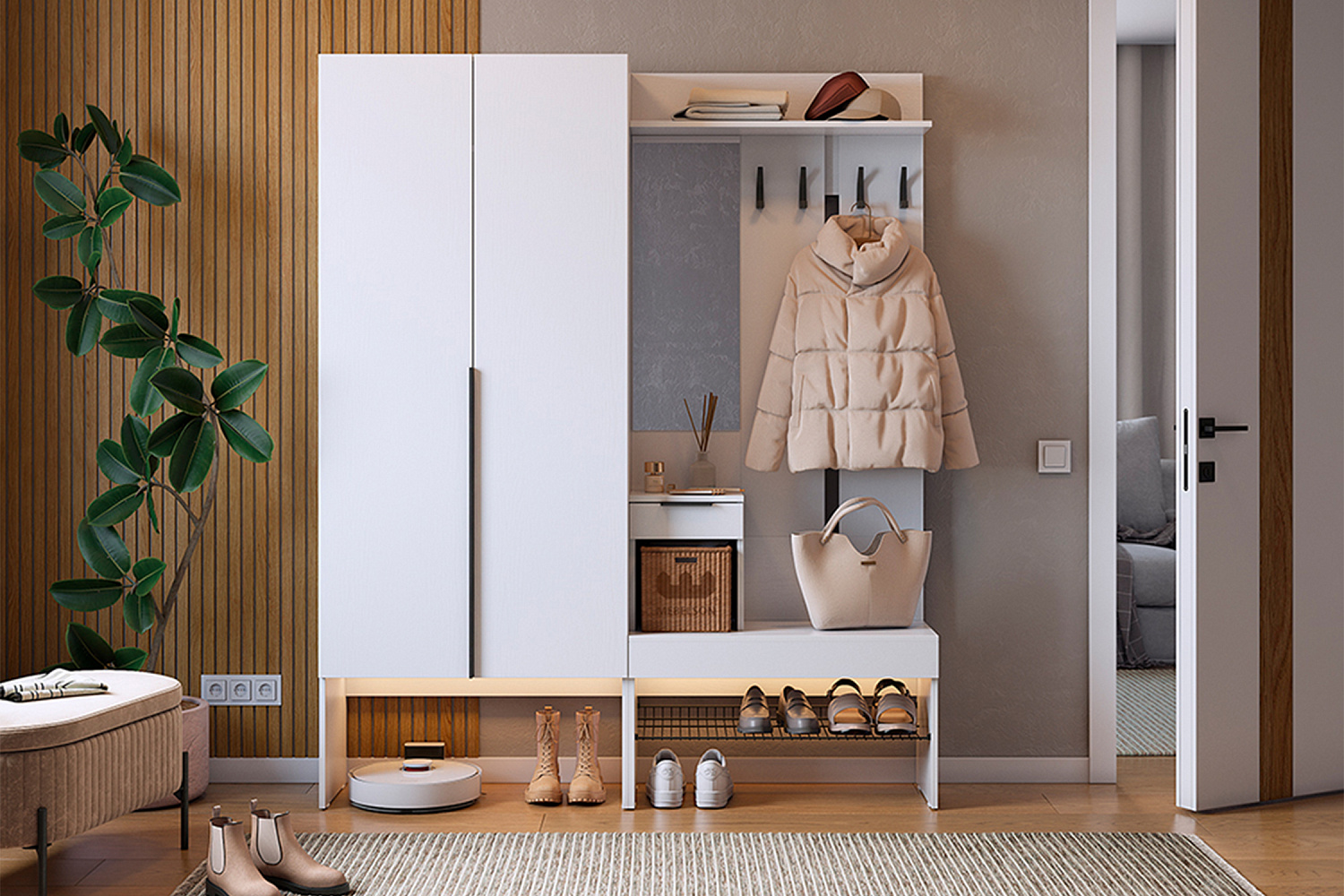 Модульная прихожая Баско белое дерево