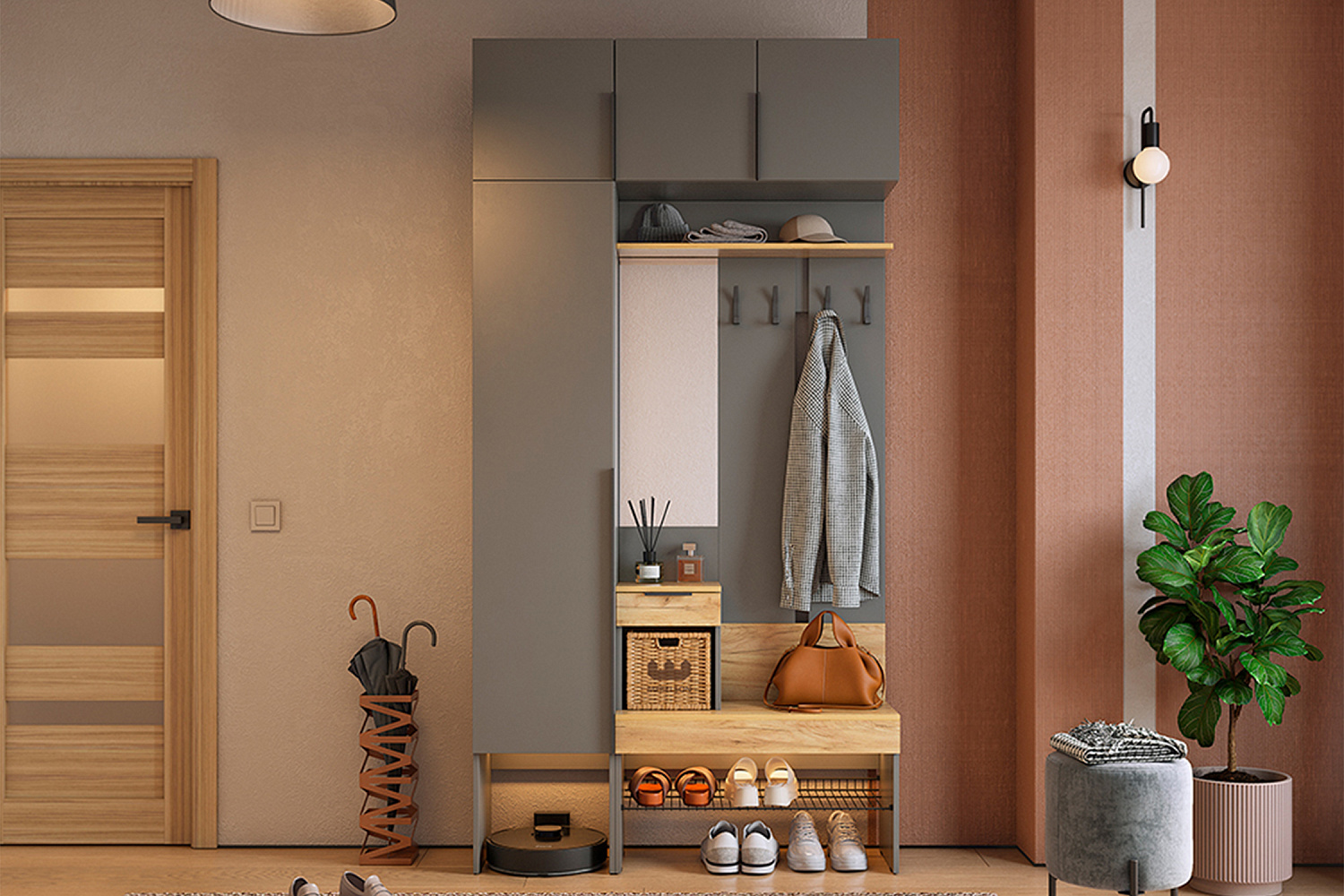 Модульная прихожая Баско графит / дуб крафт золотой